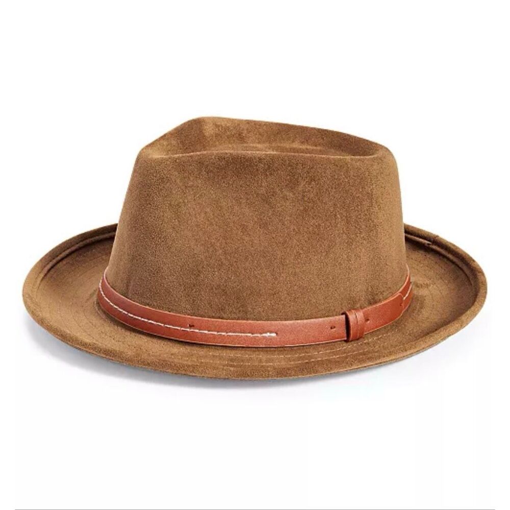 Scala Faux-Suede Polished Curved Brim Belted Fedora Hat Brown Large